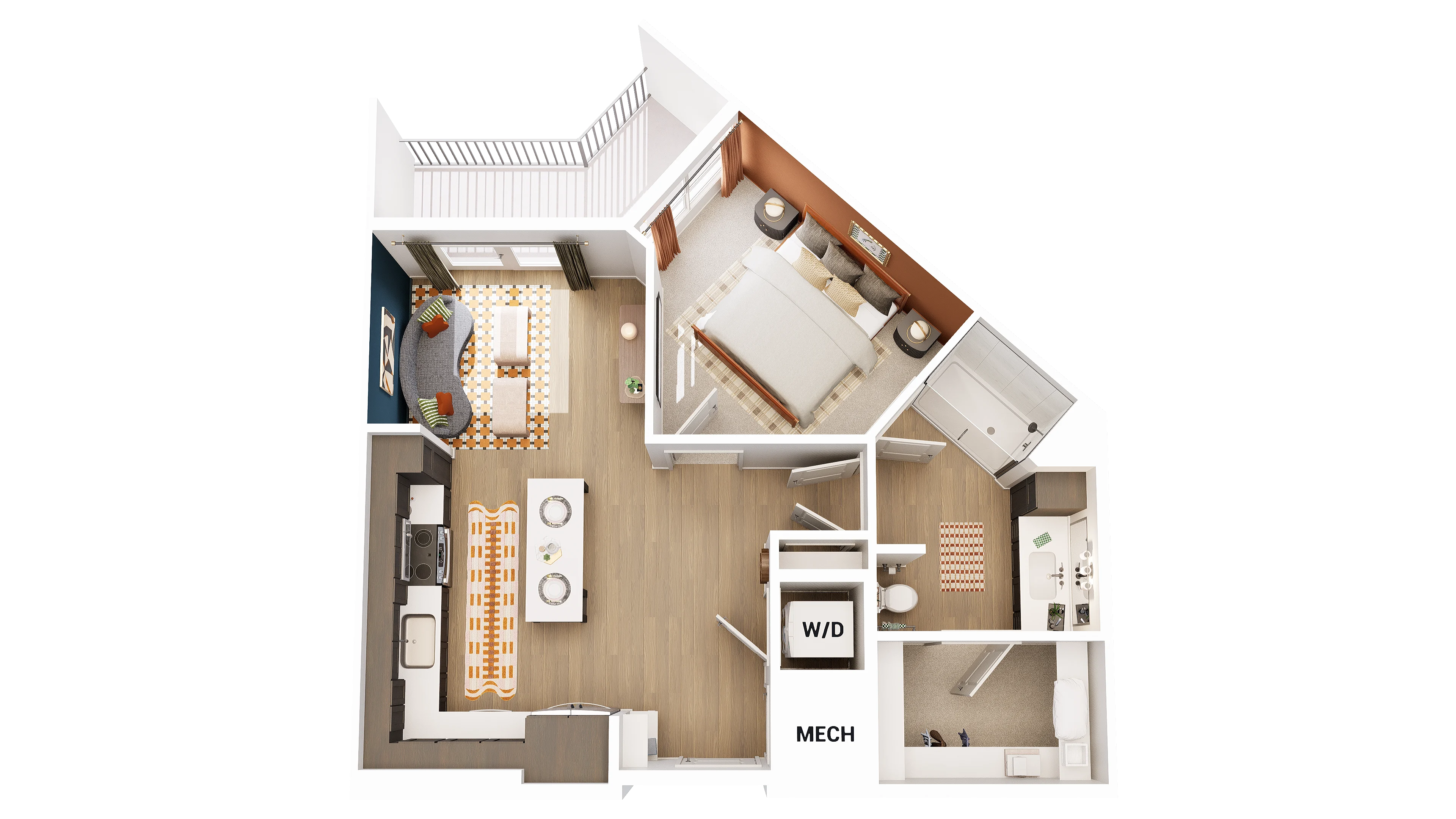 A floor plan of a one-bedroom apartment featuring a living area adjacent to the kitchen, a bedroom, and a bathroom, with labeled areas for W/D and MECH.