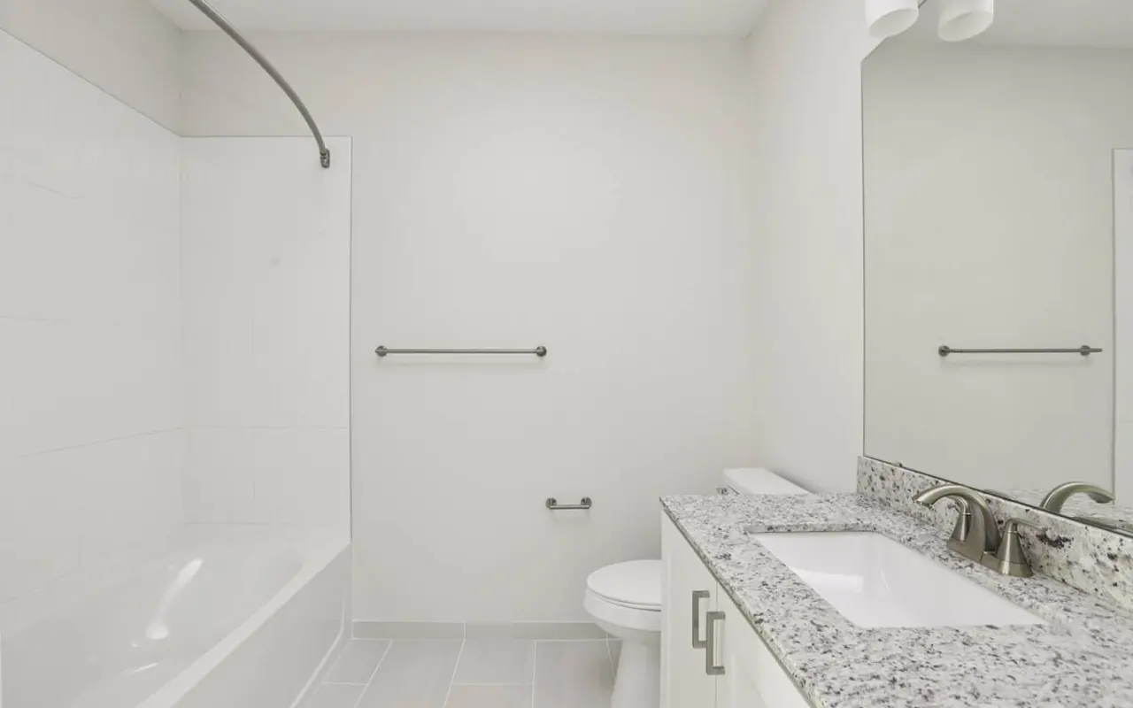 Modern Bathroom Interior A modern bathroom featuring a white bathtub with a curved shower rod, a sleek granite countertop with a sink, a white toilet, and a large mirror on the wall.