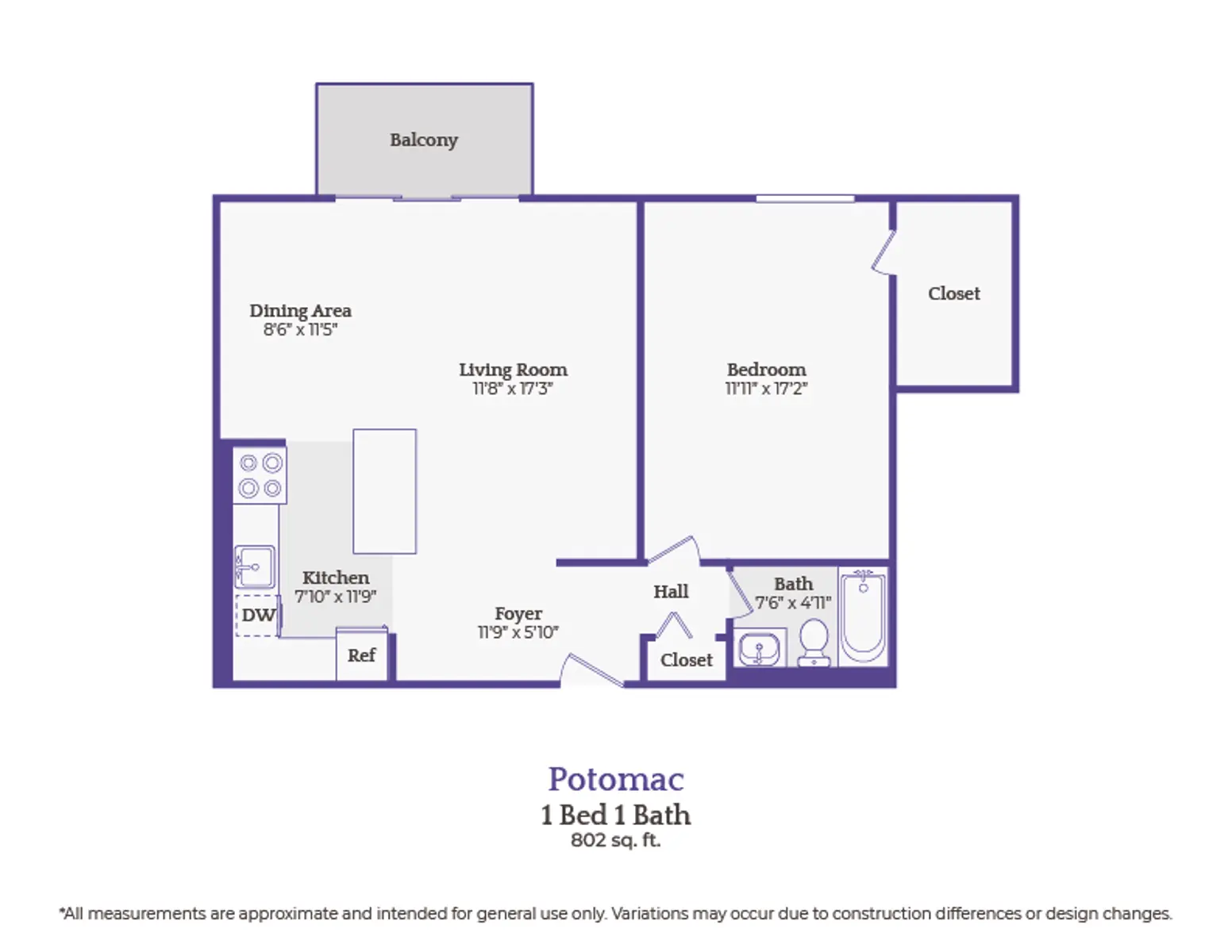 Floor plan of an apartment labeled Potomac featuring a 1 bedroom, 1 bathroom layout with measurements for each room.