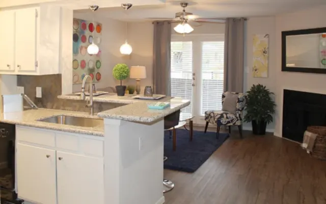 Modern Open Concept Kitchen and Living Room Bright and modern kitchen area with granite countertop and open layout leading to a cozy living room. Features colorful wall decor, potted plants, and large windows with patio access.