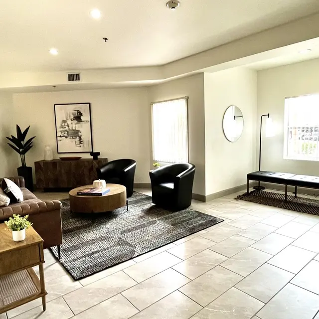 Modern Living Area A spacious modern living area with a comfortable seating arrangement, including a brown leather couch and black chairs, a round coffee table, and decorative elements like a table lamp and a plant.