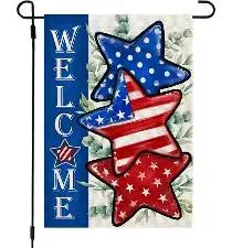 A decorative flag featuring three stars in red, white, and blue with a 'WELCOME' message on the left side.