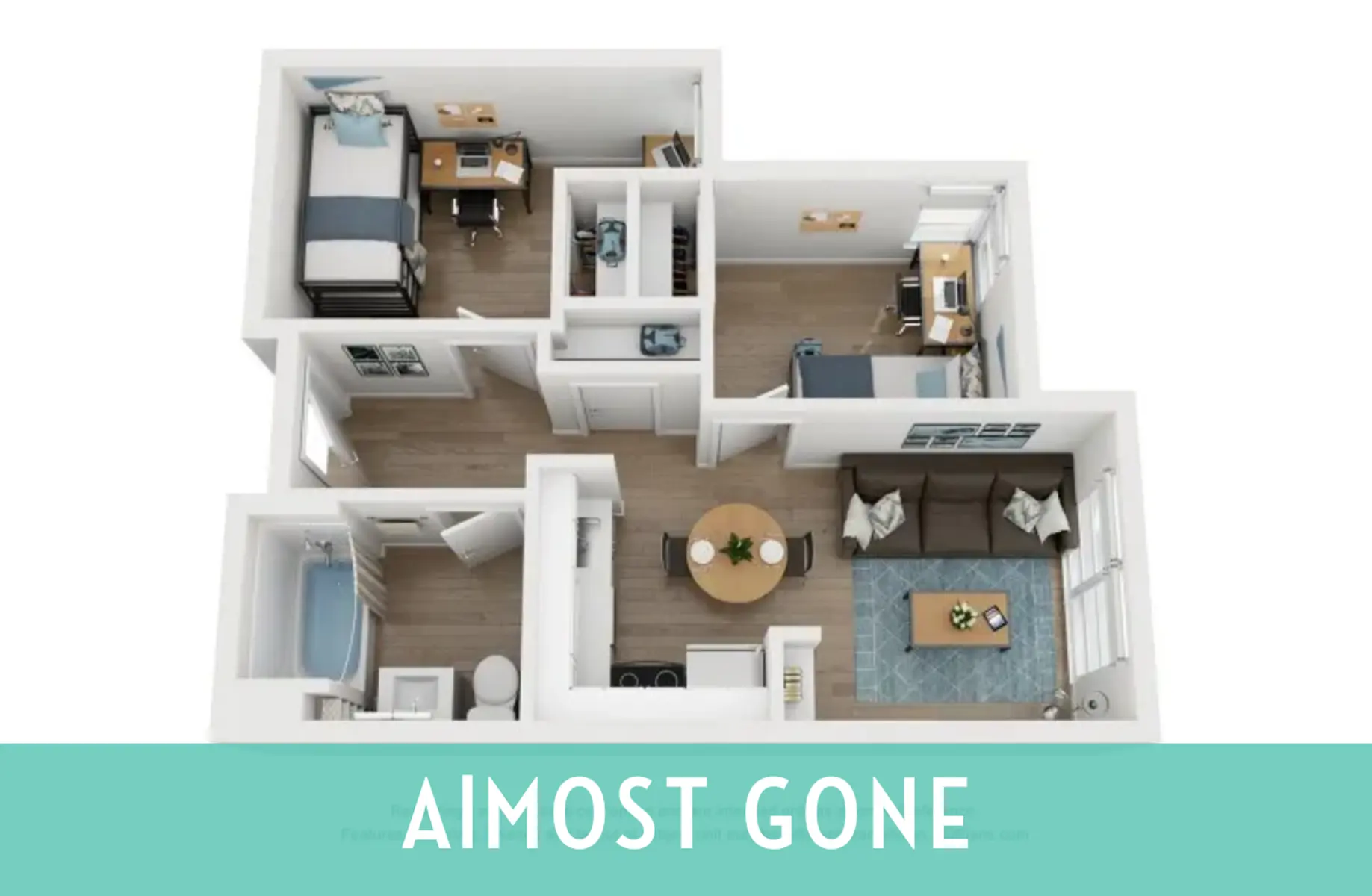 A 3D rendering of an apartment layout showcasing different rooms including a bedroom, living area, kitchen, and bathroom.