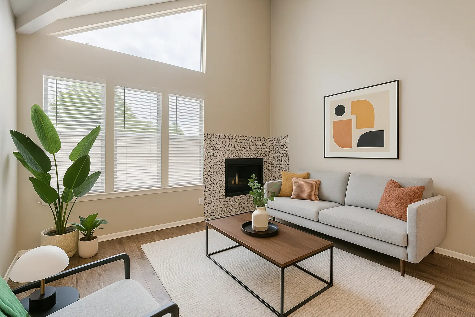 A modern living room with a light color palette, featuring a gray sofa with orange cushions, a wooden coffee table, and a decorative plant. The room is brightened by large windows and has a stylish fireplace.
