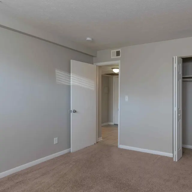 An empty room with beige carpet and light gray walls, featuring an open door and a closet on the right.