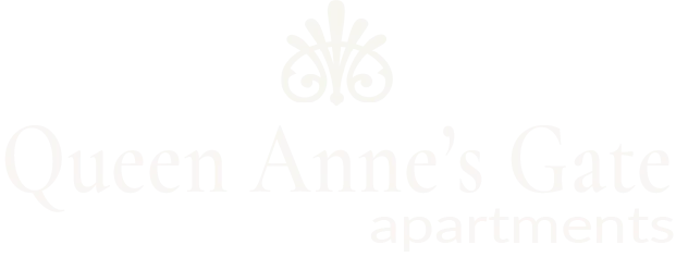 Logo for Queen Anne's Gate apartments featuring decorative elements and text
