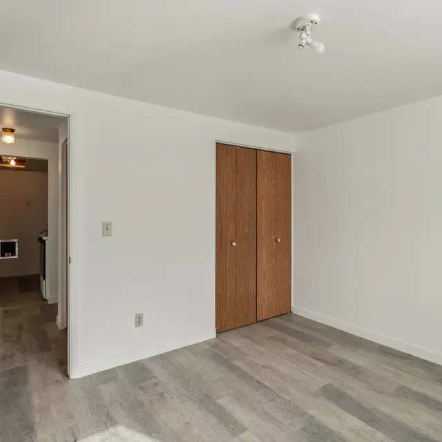 Bright Empty Room A spacious, empty room with light-colored walls and wooden floors, featuring two closets with brown doors and a doorway leading to another room.