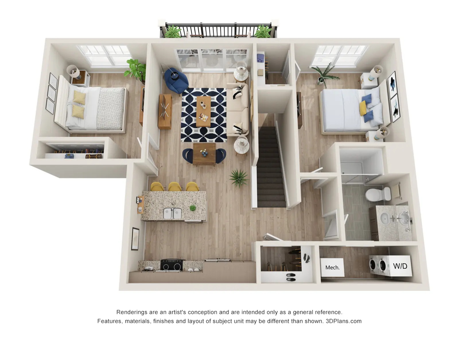 An overhead view of a modern apartment layout showing two bedrooms, a kitchen, living area, and bathroom areas.