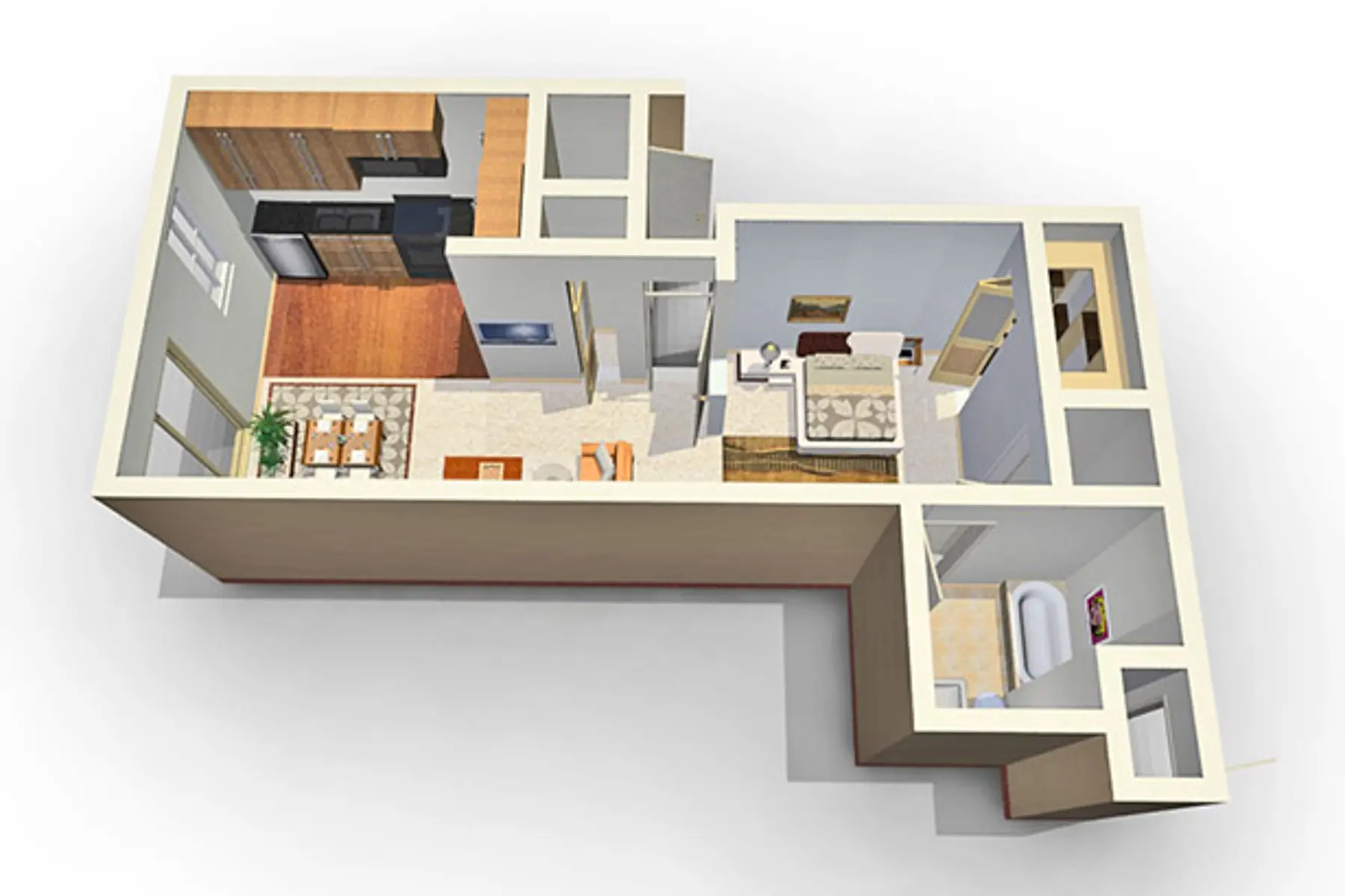 3D Floor Plan of Small Apartment A 3D floor plan of a small apartment layout including a kitchen, dining area, living space, bathroom, and bedroom.