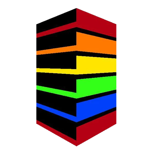 An abstract 3D design featuring stacked layers in various colors—red, orange, yellow, green, blue, and black—arranged in a vertical orientation.