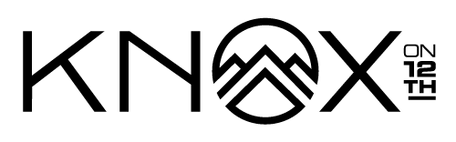 KNOX ON 12TH Logo Logo design featuring the text 'KNOX ON 12TH' with mountain motifs and circular elements.
