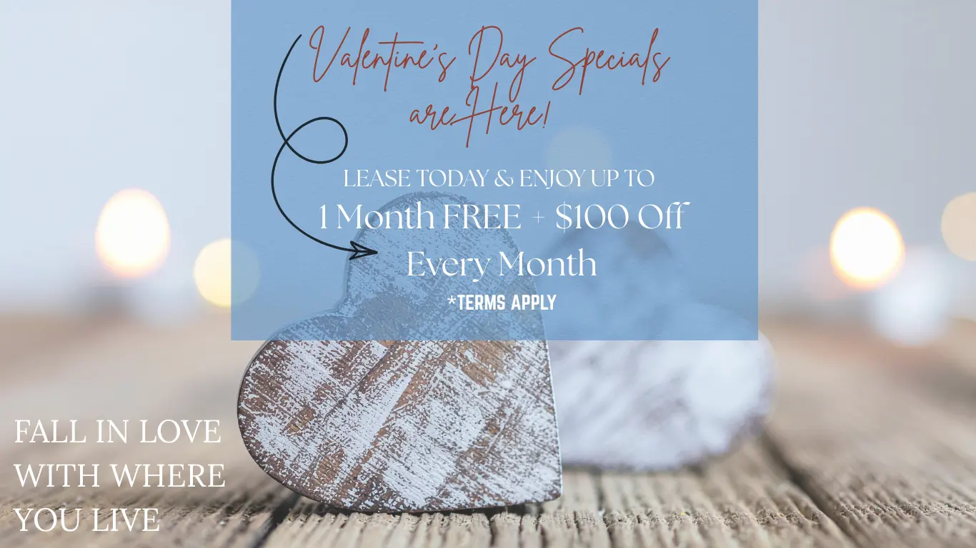 Promotional advertisement for Valentine's Day specials including discounts on leasing.