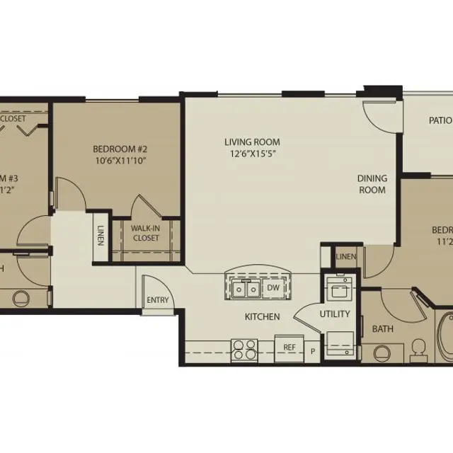 Three-Bedroom Apartment Floor Plan Floor plan of a three-bedroom apartment featuring a living room, dining room, kitchen, utility area, and multiple bathrooms.