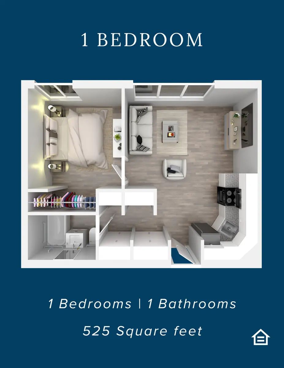 Aerial view of a one-bedroom apartment layout showing the arrangement of living space, bedroom, kitchen, and bathroom in 525 square feet.