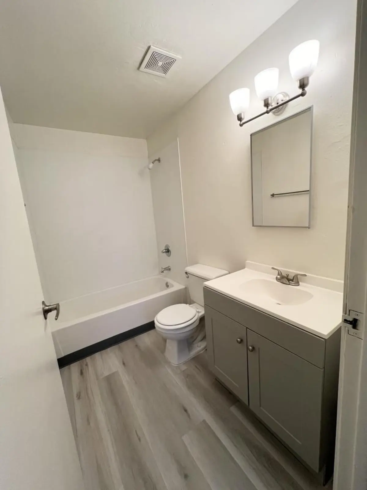 Bathroom with a tub and shower, toilet, vanity and wall mirror.