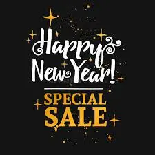 A festive graphic with a black background. The text reads 'Happy New Year!' in a decorative white font, complemented by gold sparkles, and below it, 'SPECIAL SALE' in bold yellow letters.
