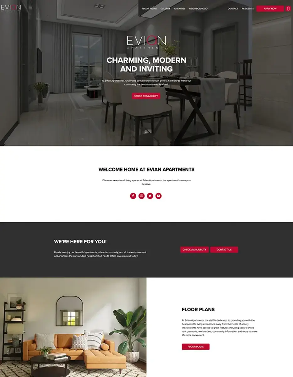 Evian Apartments - Modern Living Spaces Homepage layout of Evian Apartments featuring modern interior design with dining area and living room.