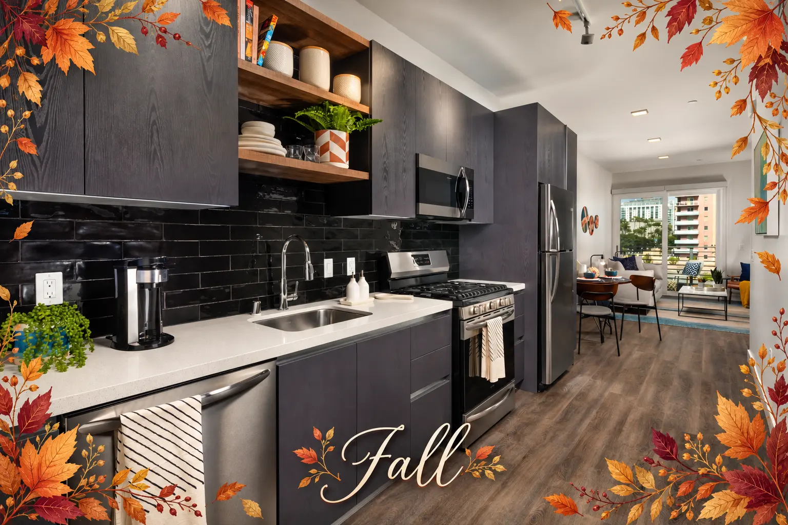 Modern Kitchen in Fall Decor A modern kitchen featuring dark cabinetry, open shelving with decorative items, and stainless steel appliances. A view leads into a bright living area with large windows.