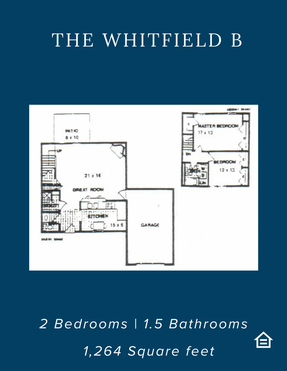 Floor plan of The Whitfield B, featuring 2 bedrooms, 1.5 bathrooms, and a garage, totaling 1,264 square feet.