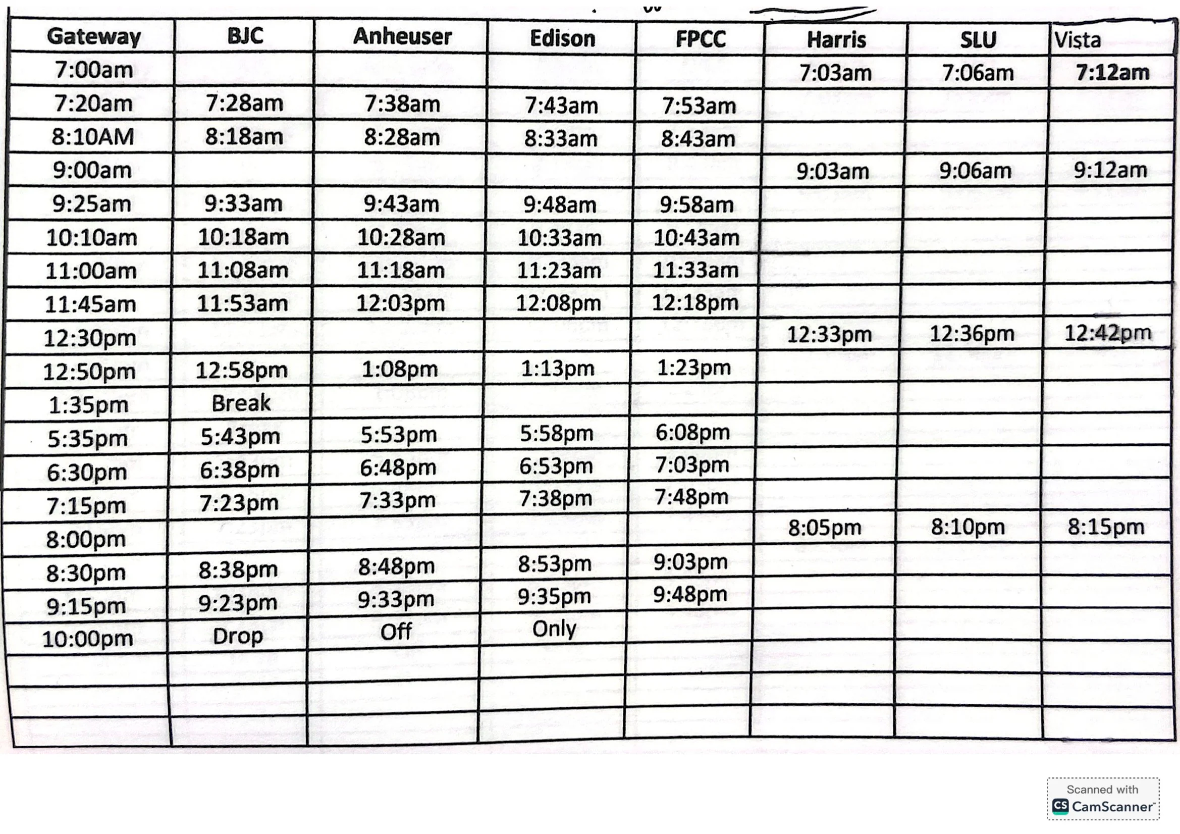 A transportation schedule detailing various departure times for different locations including Gateway, BJC, Anheuser, Edison, FPCC, Harris, SLU, and Vista throughout the day.
