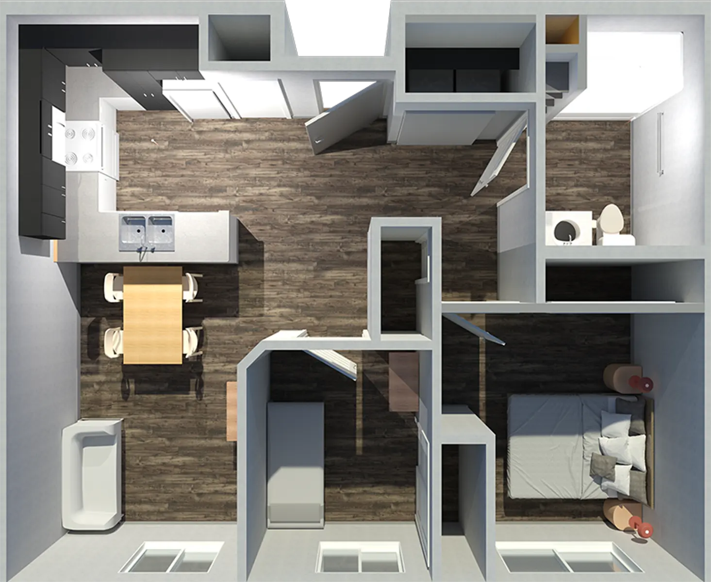 A top-down view of an apartment layout featuring a kitchen, dining area, living room, bathroom, and one bedroom.