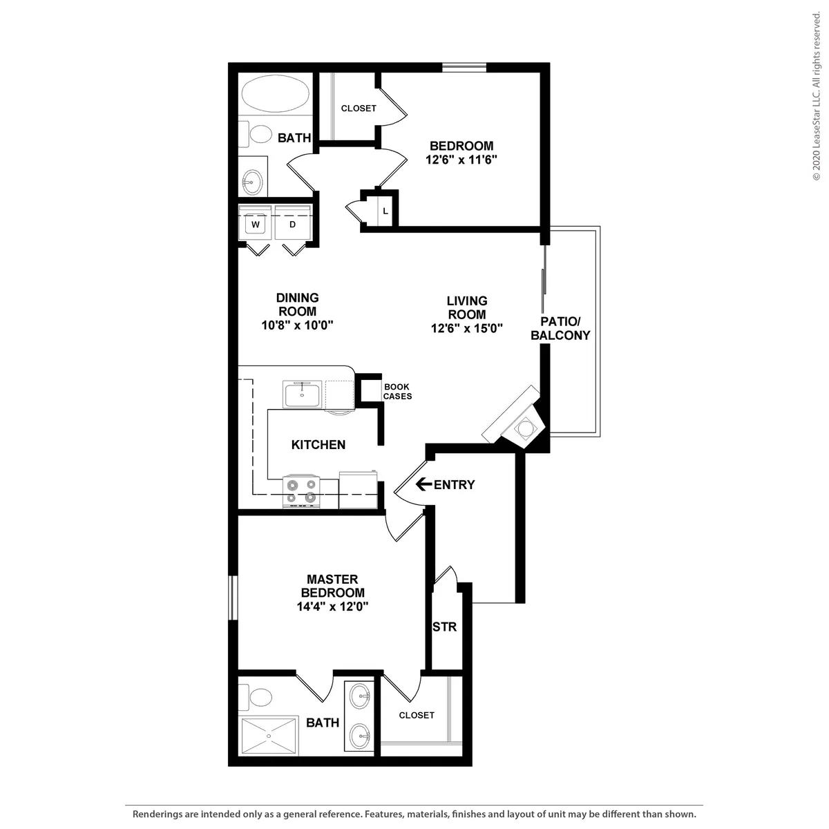 A floor plan of a two-bedroom apartment featuring a master bedroom, second bedroom, living room, dining room, kitchen, two bathrooms, and a patio or balcony.