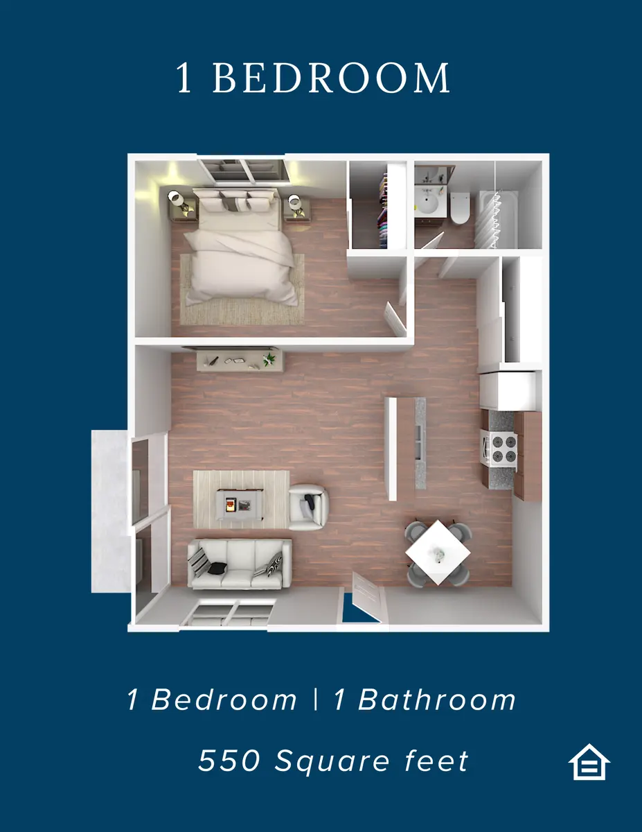A floor plan of a one-bedroom apartment featuring a bedroom, bathroom, kitchen, and living area.