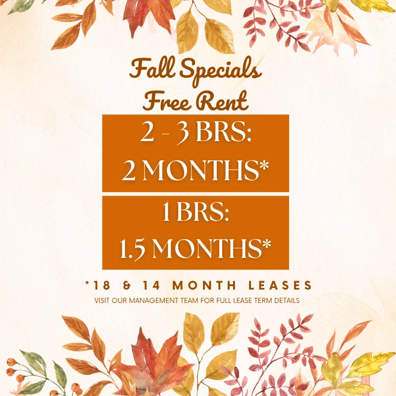 Promotional flyer for fall rental specials with autumn leaves theme. Details include: '2-3 Bedrooms: 2 months free rent' and '1 Bedroom: 1.5 months free rent'.