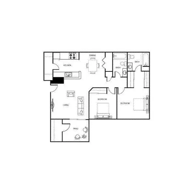 Apartment Floor Plan A black and white floor plan of an apartment showing various rooms including a kitchen, living room, and bedrooms.