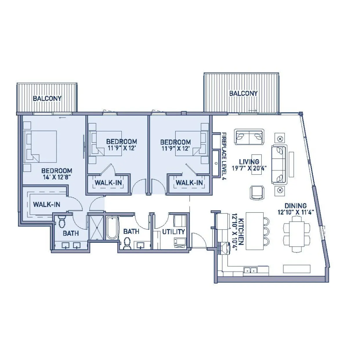 Blueprint of a three-bedroom apartment layout with balconies, living room, dining area, kitchen, and multiple bathrooms.