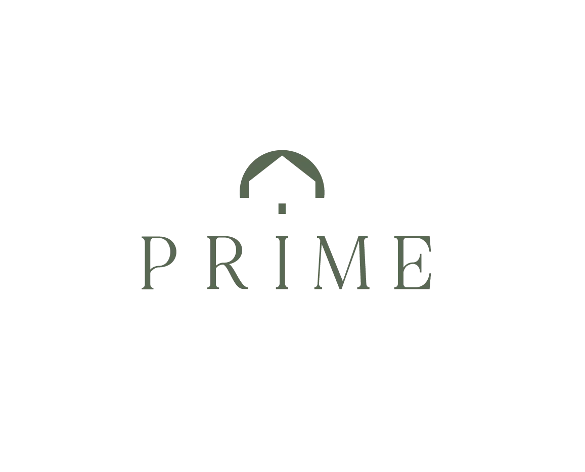PRIME Logo A minimalist logo consisting of the word 'PRIME' with a simple house silhouette above the 'I'.