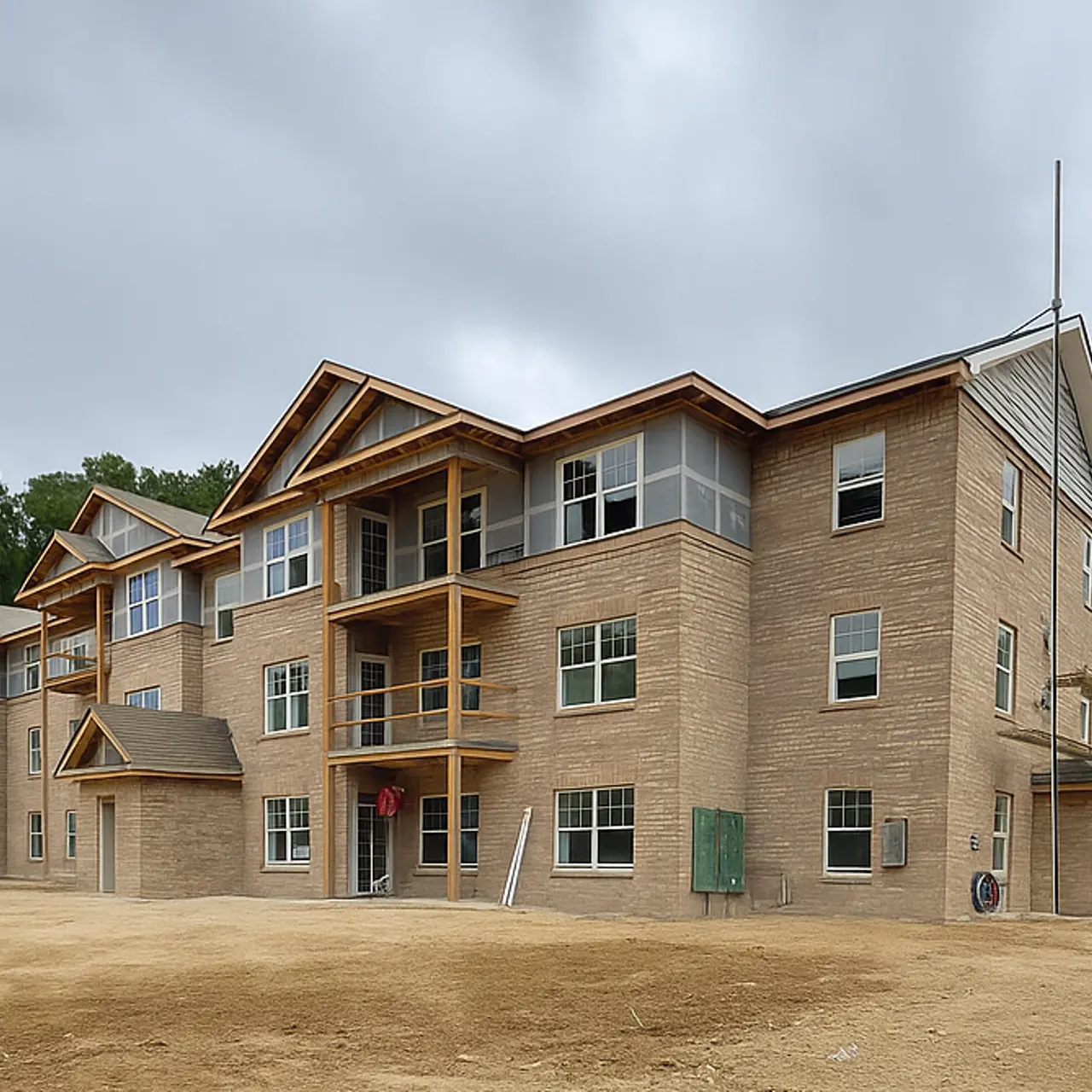 A new apartment complex under construction with multiple units and a mixture of wood and brick exterior.