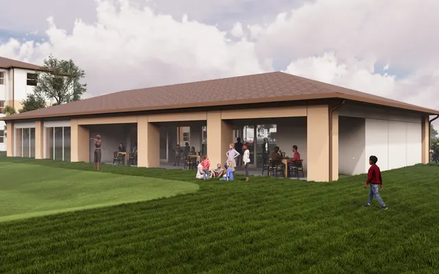 Modern Building Concept Rendering of a modern building with large glass doors in a grassy area, showing people inside and outside.