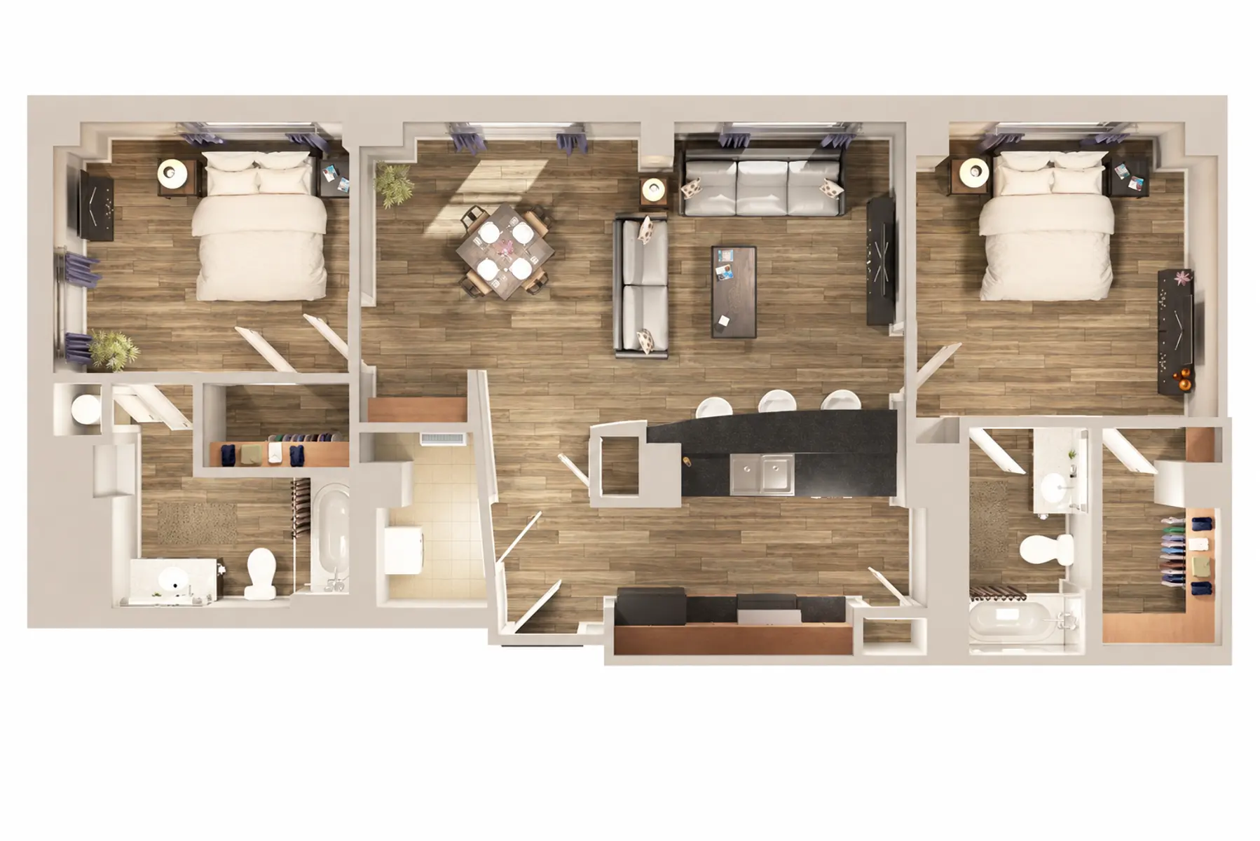 A top-down view of a floor plan for a spacious apartment, featuring two bedrooms, a living room, kitchen, and two bathrooms.
