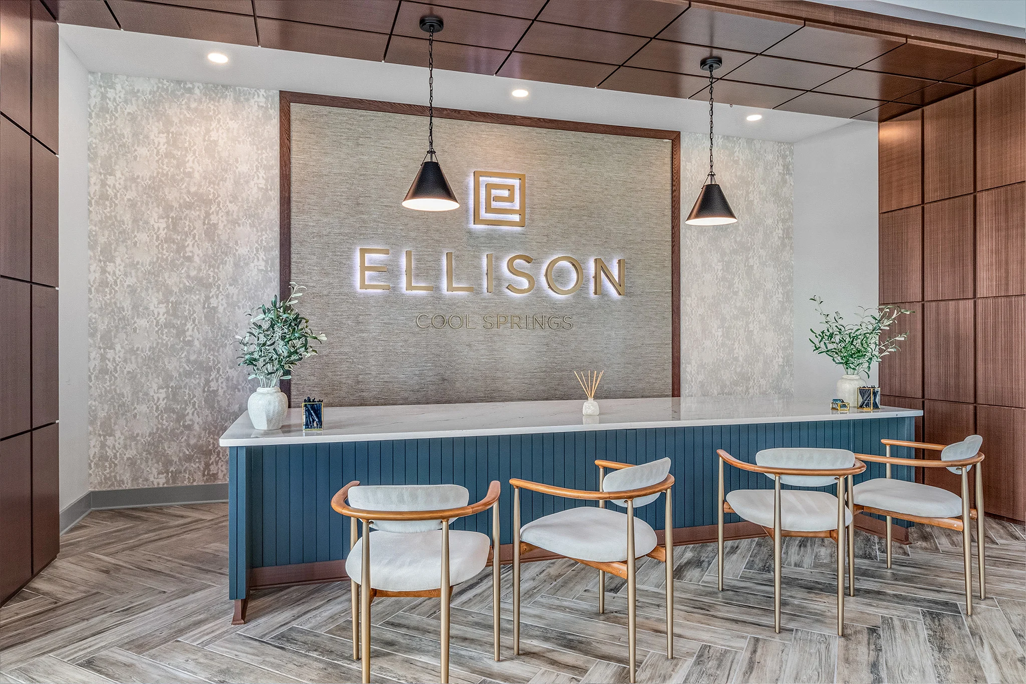 Ellison Reception Area Modern reception area with the name 'Ellison' prominently displayed on the wall. There are several chairs at the reception desk and decorative elements like a plant and diffuser.