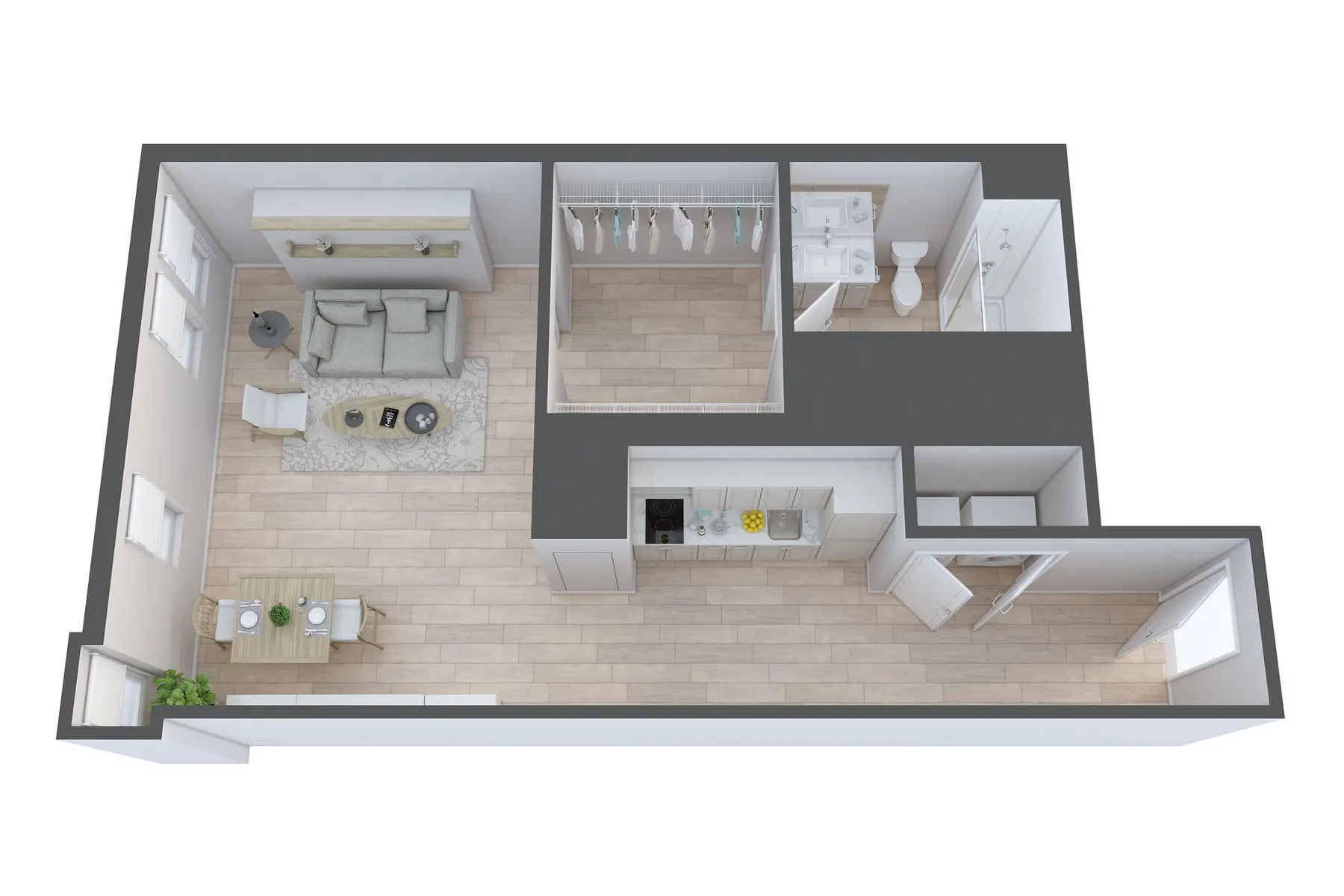 Modern Apartment Layout Design A 3D rendering of a modern apartment layout featuring a living area with a sofa and table, a kitchen, a bathroom, and a small hallway.