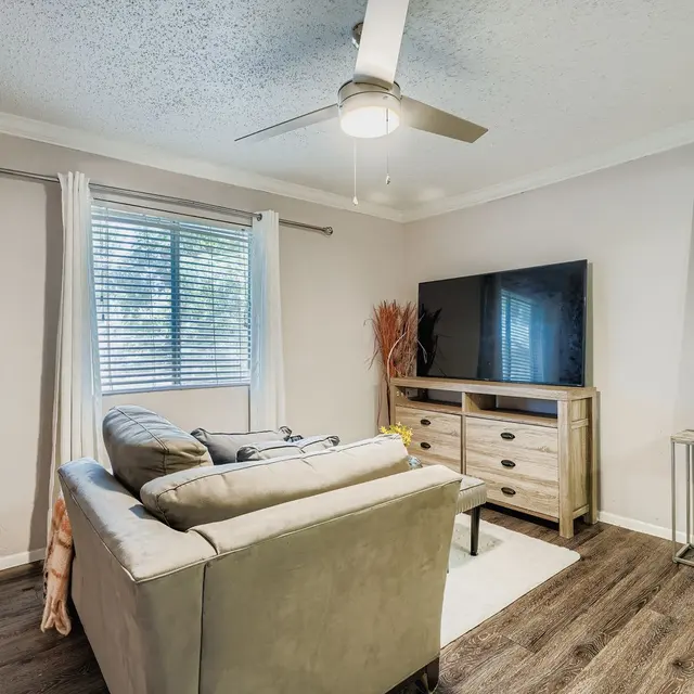 A cozy living room featuring a light-colored sofa, a wooden TV stand with a flat-screen TV, and a large mirror. Natural light enters through a window covered with sheer curtains. Wooden flooring enhances the inviting atmosphere.