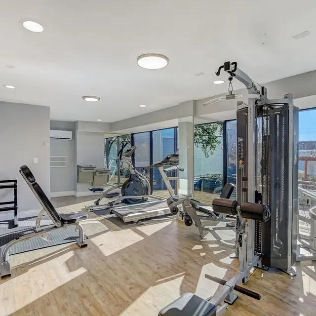 Interior view of a modern gym with various fitness equipment and large windows allowing natural light