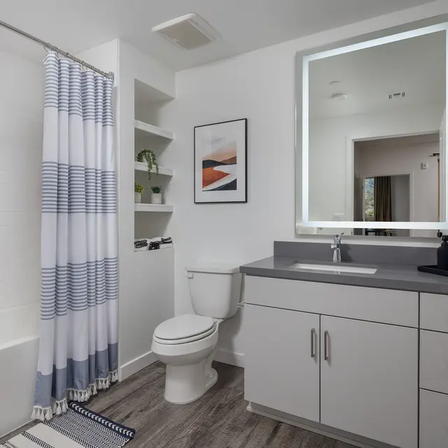 A modern bathroom featuring a white bathtub with a blue and white striped shower curtain, a grey countertop with a sink, and minimalistic decor including a plant and framed artwork.