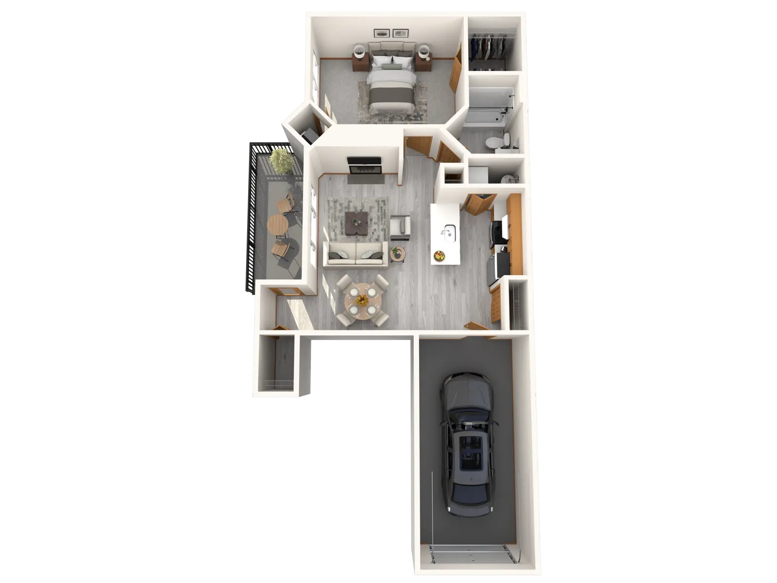 A top-down view of a modern residential floor plan featuring a living room, kitchen, dining area, bedroom, bathroom, and garage.