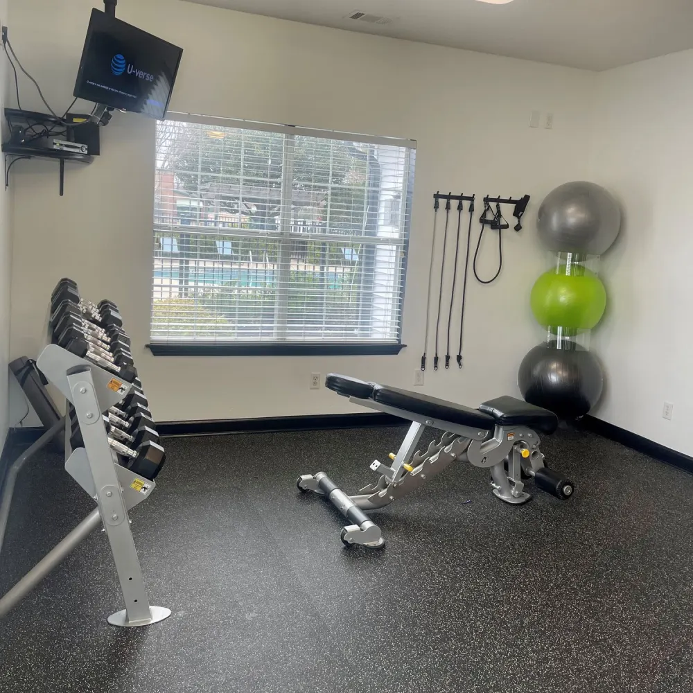 Interior of a Fitness Gym Interior of a small fitness gym featuring dumbbells, a workout bench, exercise bands, and stability balls, with a window showing an outdoor view.