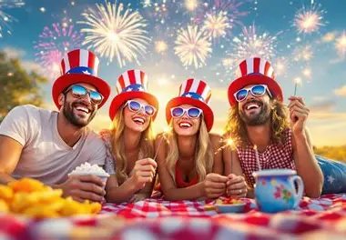A group of friends wearing patriotic hats and sunglasses enjoying a festive outdoor gathering with fireworks in the background.