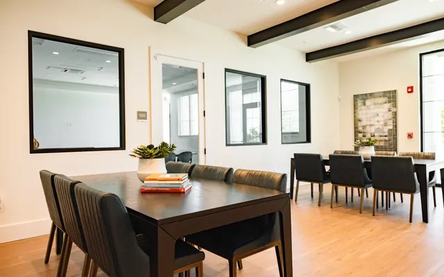 A modern dining area featuring a large black wooden table surrounded by dark chairs. The room has multiple windows allowing natural light to flow in, and there is a small plant centerpiece on the table. Adjacent to the dining area is a second set of dining chairs and tables along the right side.