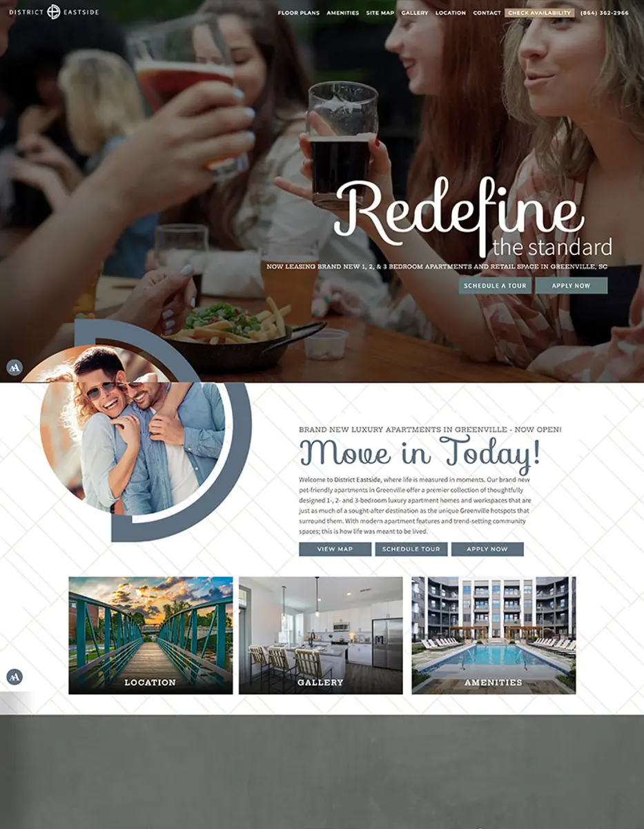A promotional webpage for luxury apartments featuring a group of friends enjoying drinks together. The text emphasizes redefining standards for living, with a tagline to move in today. There are sections highlighting location, gallery, and amenities.