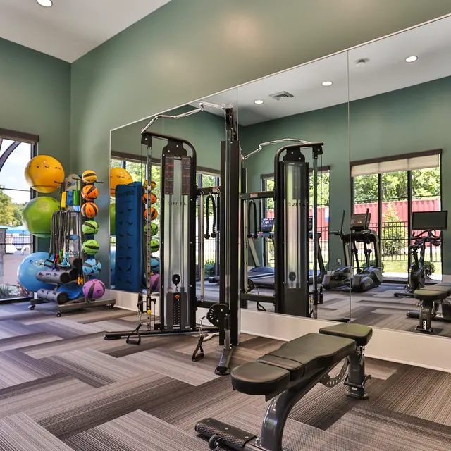 Modern gym interior featuring fitness equipment, weight bench, and mirrored wall with large windows overlooking green landscape.