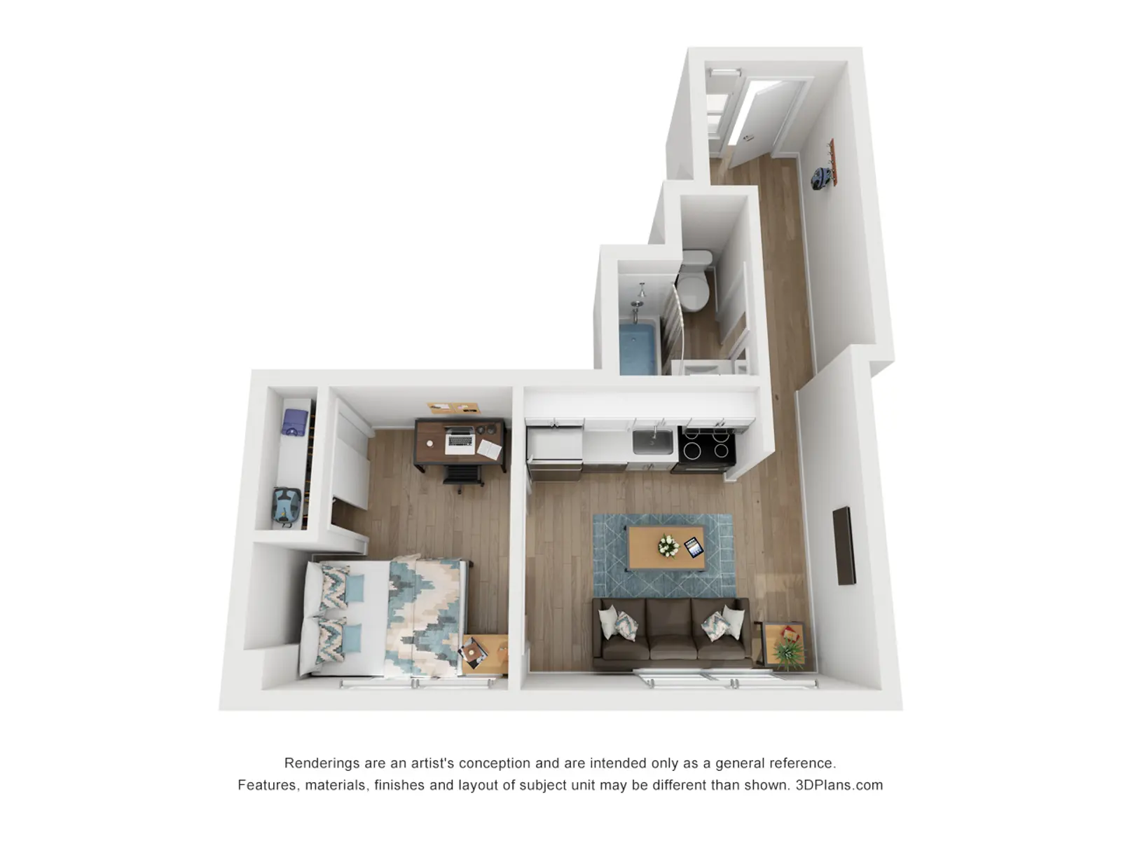 A detailed floor plan of a one-bedroom apartment featuring a living area, kitchen, bedroom, and bathroom layout.