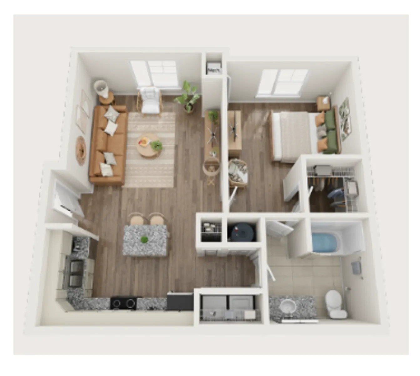 One-Bedroom Apartment Layout A top-down view of a one-bedroom apartment layout featuring a living room, kitchen, bedroom, bathroom, and dining area.
