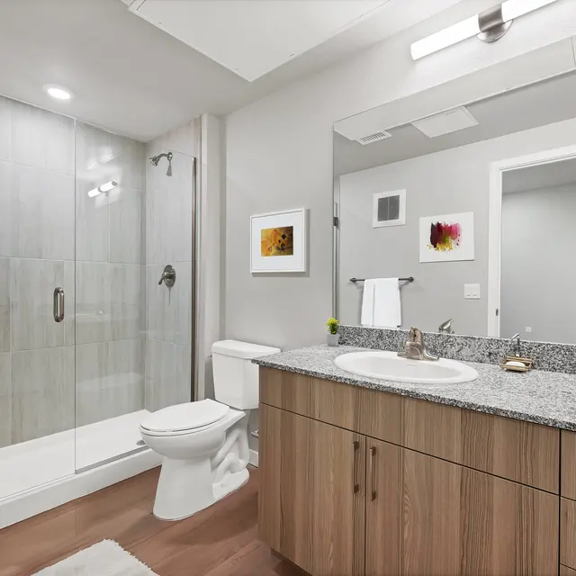 Contemporary Bathroom Design A modern bathroom with a glass shower, toilet, and a vanity with a sink and countertop. The walls feature light tiles and decorative artwork is displayed. The floor is made of wood, and there are decorative flowers on the countertop.