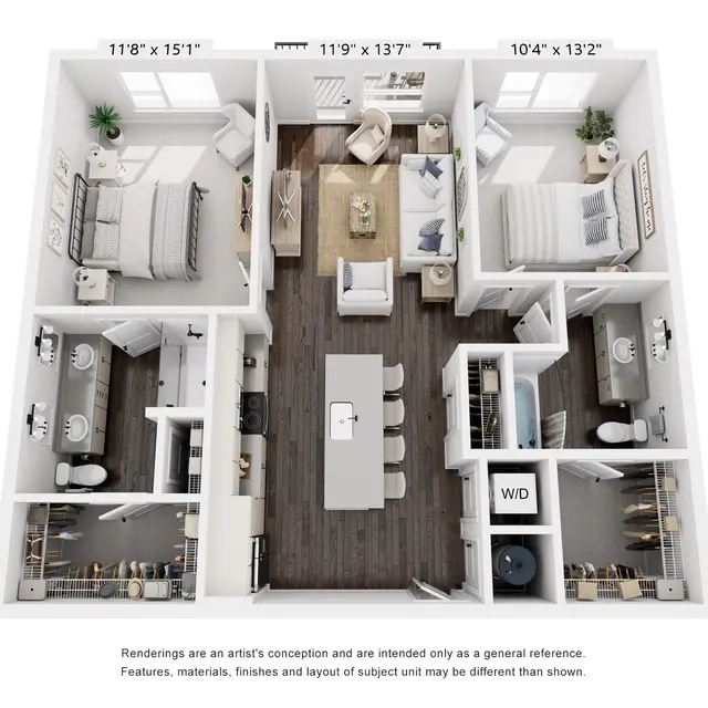 A 3D rendering of an apartment floor plan showing two bedrooms, a living area, and two bathrooms with dimensions labeled.