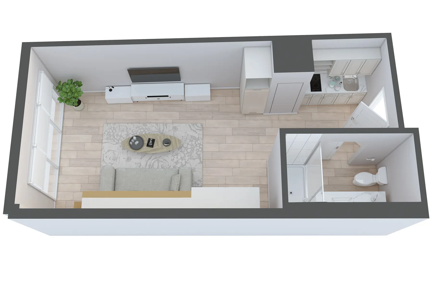 A top-down view of a small apartment layout featuring a living area with a sofa and coffee table, a television unit, a kitchen area with cabinets and appliances, a bathroom, and a small plant.
